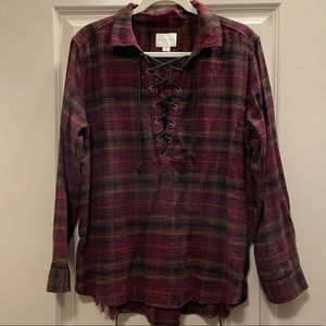 Lace Up Plaid Blouse